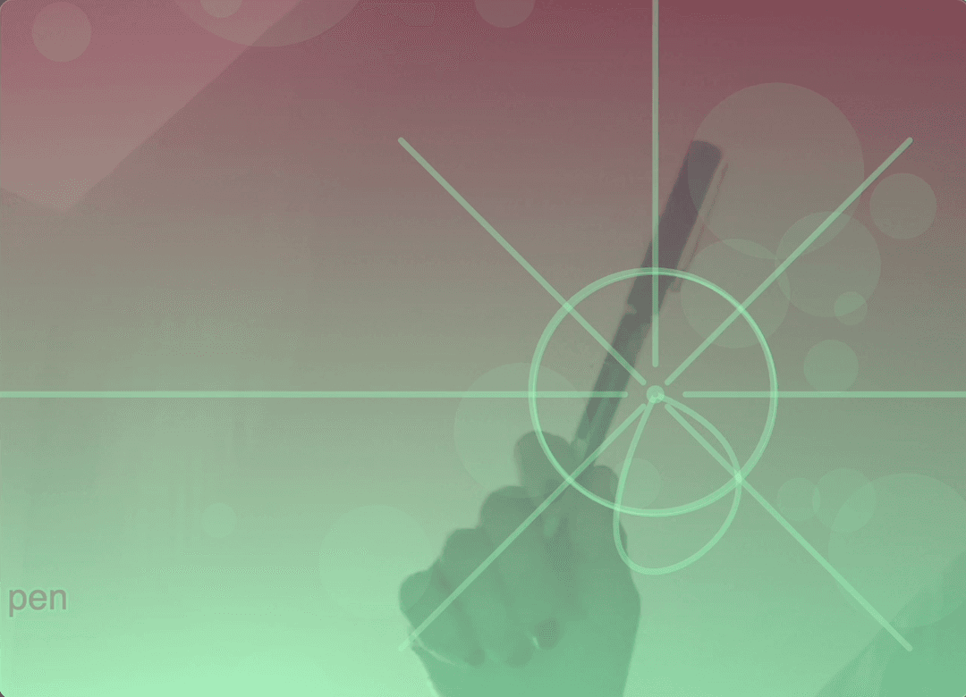 image taken from laptop camera, hand holding pen with geometric shapes around and gradient overlay background